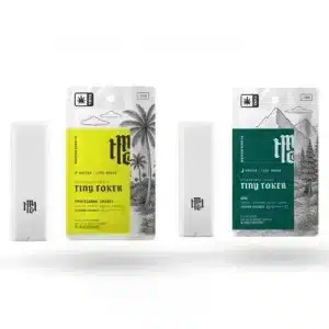 Modern Herb Co Tiny Toker THCA Vape .15 g lineup featuring both Tropicanna Cherry Sativa and GMO Indica packaging with compact disposable devices and live rosin extract in compact format