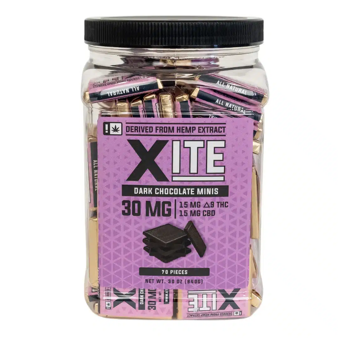 Xite Dark Chocolate Minis 30mg jar with purple label displaying 15mg Delta 9 THC and 15mg CBD per piece