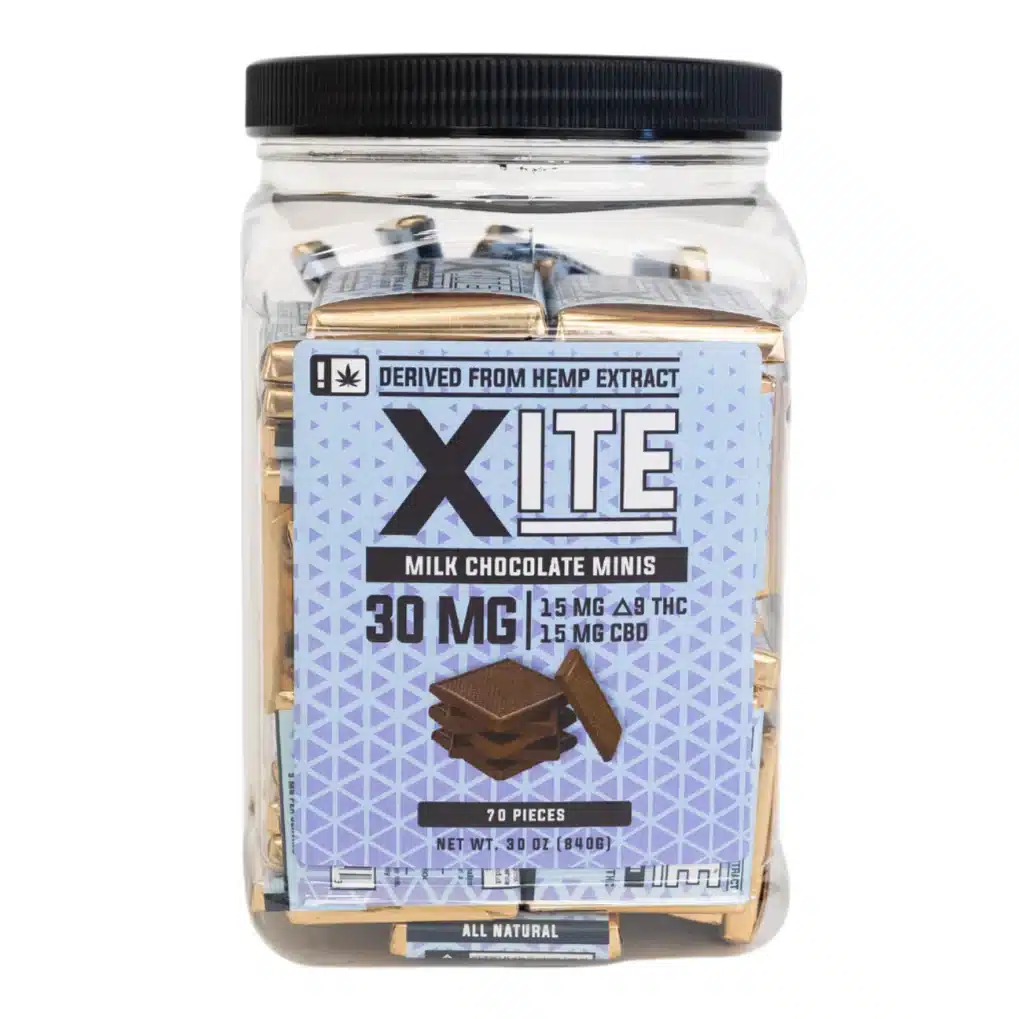 Xite Delta 9 Milk Chocolate Minis jar showing 30mg 1:1 CBD THC squares in a clear container with purple and gold wrappers.