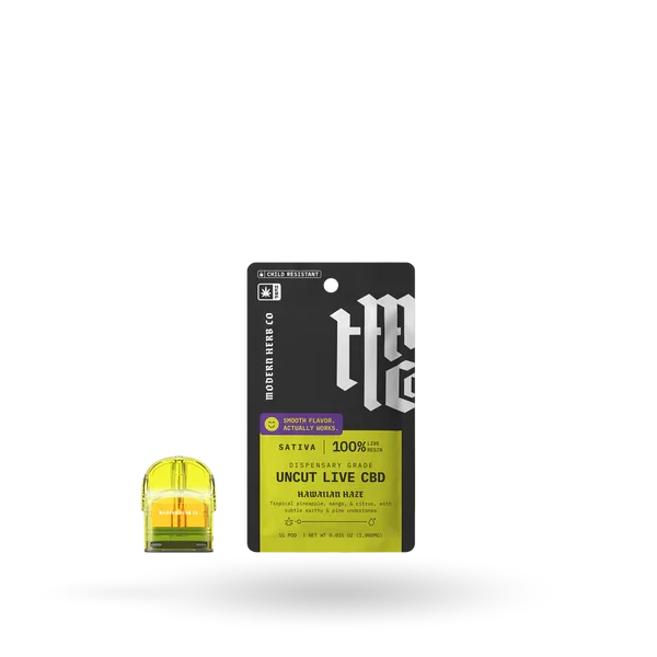 Modern Herb Co Uncut Live CBD 1g Refill Pod in Hawaiian Haze Sativa, shown with bright yellow pod color and tropical-inspired packaging.