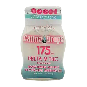 Front label of Canna Drops Delta 9 THC Drink Booster showing 175 mg nano water-soluble formula, fast-acting design, and 12 servings per 60 mL bottle.