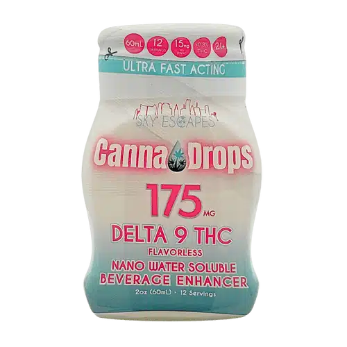 Front label of Canna Drops Delta 9 THC Drink Booster showing 175 mg nano water-soluble formula, fast-acting design, and 12 servings per 60 mL bottle.