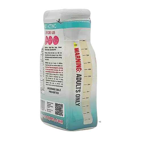 Side view of Canna Drops Delta 9 THC Drink Booster featuring the measurement scale for servings and the adult-use warning label on the bottle.