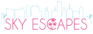 Sky Escapes brand logo featuring a pink and blue city skyline with bold lettering, representing their fast-acting Delta 9 Canna Drops and drink booster products.