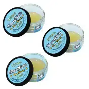 Frozen Fields THC-A Live Rosin 2.5g jars shown together, highlighting multiple strain options with golden rosin texture and labeled lids.
