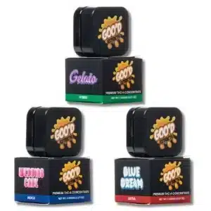 Goo’d Grams THCA concentrate assortment featuring Blue Dream sativa, Gelato hybrid, and Wedding Cake indica in 2g jars