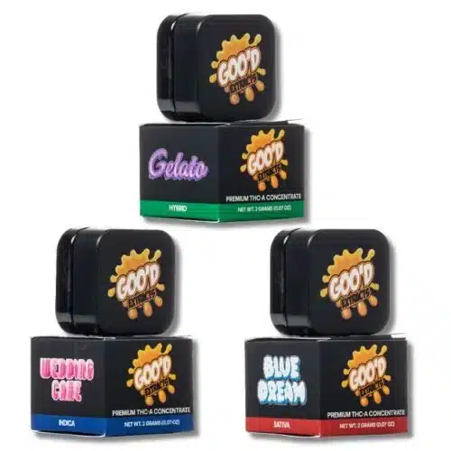 Goo’d Grams THCA concentrate assortment featuring Blue Dream sativa, Gelato hybrid, and Wedding Cake indica in 2g jars