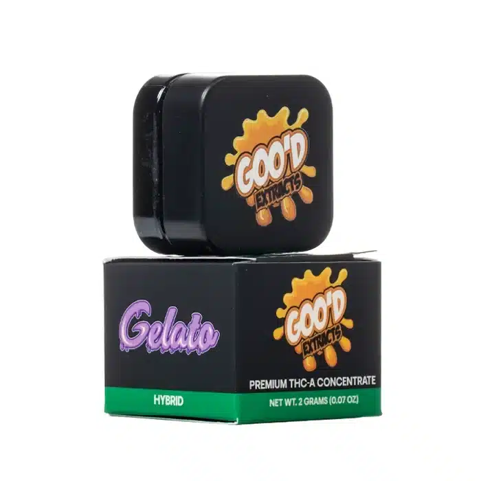 Goo’d Grams Gelato THCA badder concentrate 2g shown in black jar and hybrid-labeled box with premium hemp-derived THCA