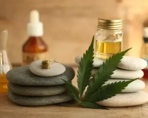 massage stones with a hemp leaf in the foreground