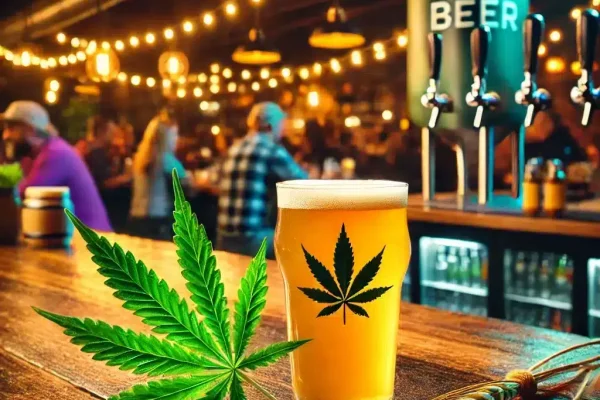 9c4a5f2c-8a05-44be-b0a6-89b6420aa7d3 brewery scene with a hemp beer and cannabis leaf on a table in the forefront
