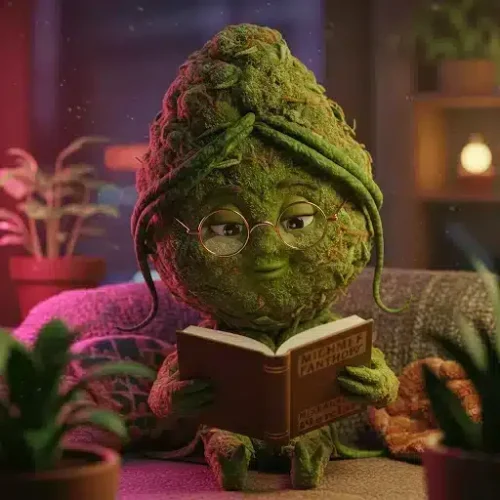 Cannabis nug character reading a book representing CBG the mother cannabinoid