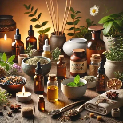 visually represents a variety of natural health tools like supplements, essential oils, and herbal teas in a calming, holistic setting.
