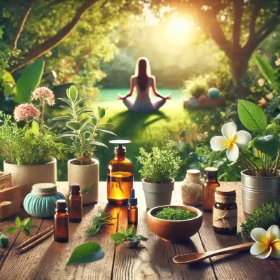 Image representing the essence of Natural Health. It showcases a peaceful scene with holistic tools like essential oils, plants, and herbal remedies, combined with a person practicing yoga, all surrounded by nature.