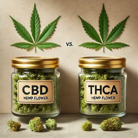 2 jars of cannabis one says CBD and the other says THCA to show the two buds are similar at least in appearance