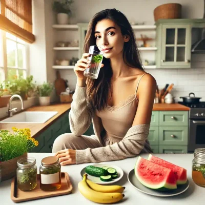 DALL·E 2025-03-06 12.51.32 – A woman sitting at a kitchen counter recovering from an edible hangover. She is drinking a glass of water and has foods known for hydration and recove a woman sitting at the counter with tools to help her recover.