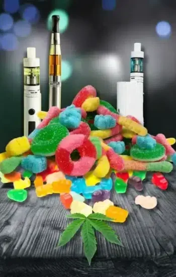 gummies and vapes with a black party type background.