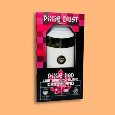 candyland-pixie-live-diamond Candy Land Sativa strain THCA disposable with diamond concentrate by Pixie Pods.