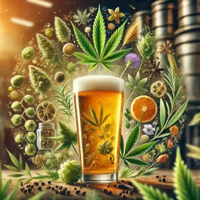 d97b6664-bd6a-4d8a-acf3-f0c4025a74ba a pint glass filled with beer with cannabis leave and but as well as fruits circling around it like a halo