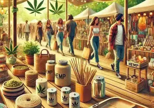 People at a market with lots of cannabis products