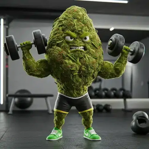 A cannabis bud lifting weights representing THCV